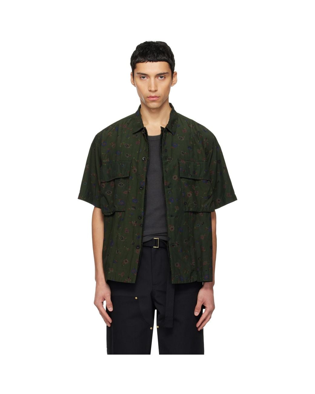 Sacai Black Khaki Overdyed Floral Print Shirt for men