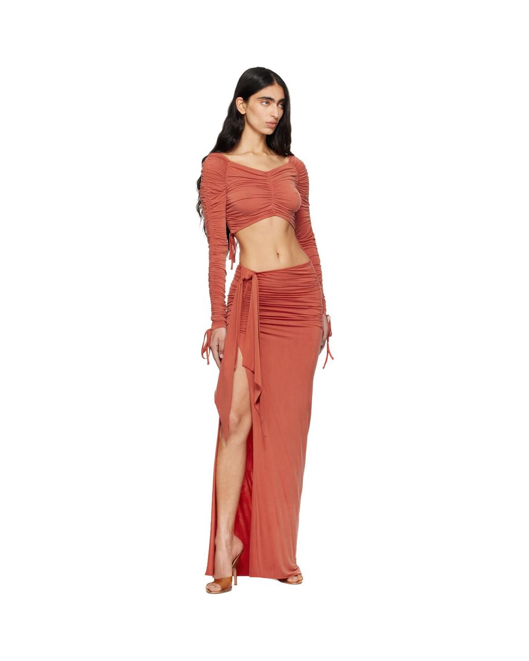 Balmain Red Knotted Split Jersey Maxi Skirt