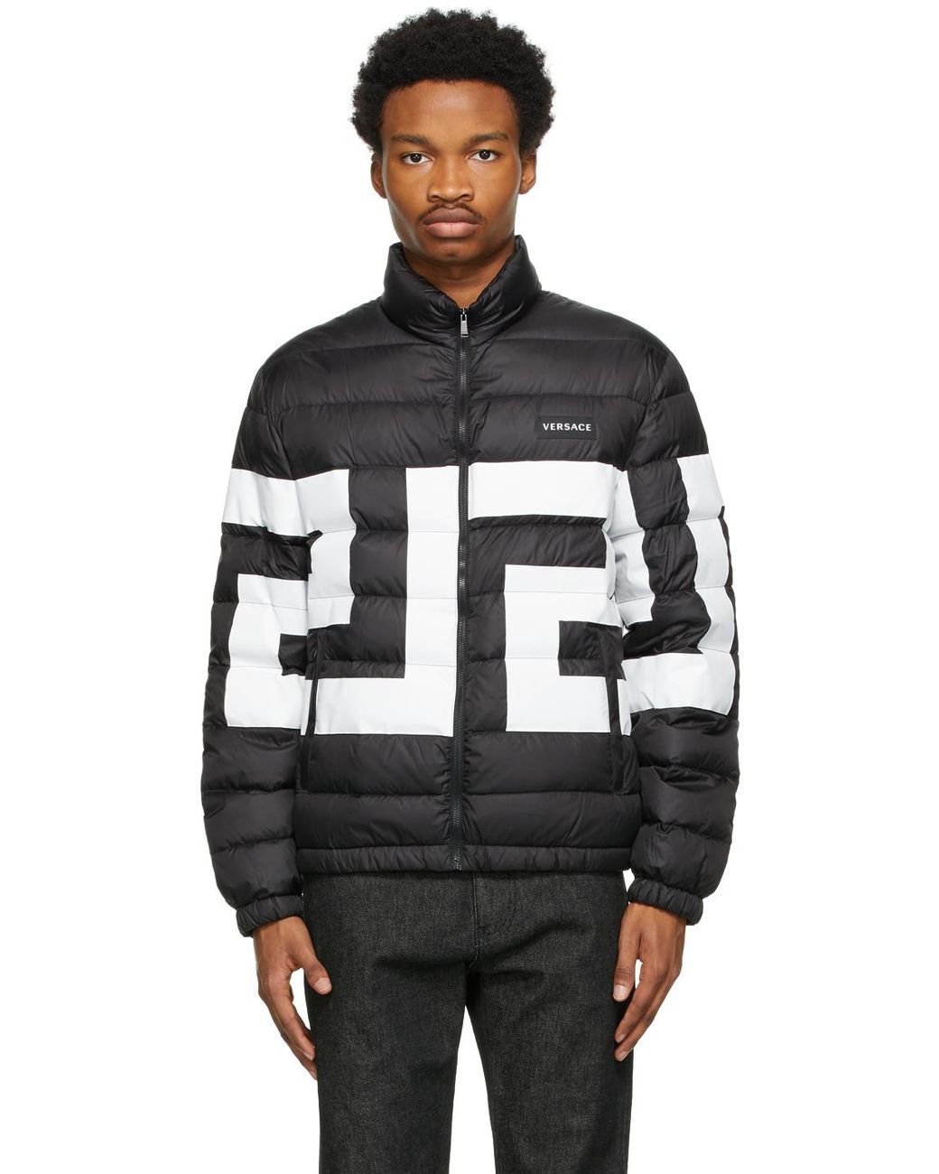 Versace Synthetic Black Down Greca Puffer Jacket for Men Lyst