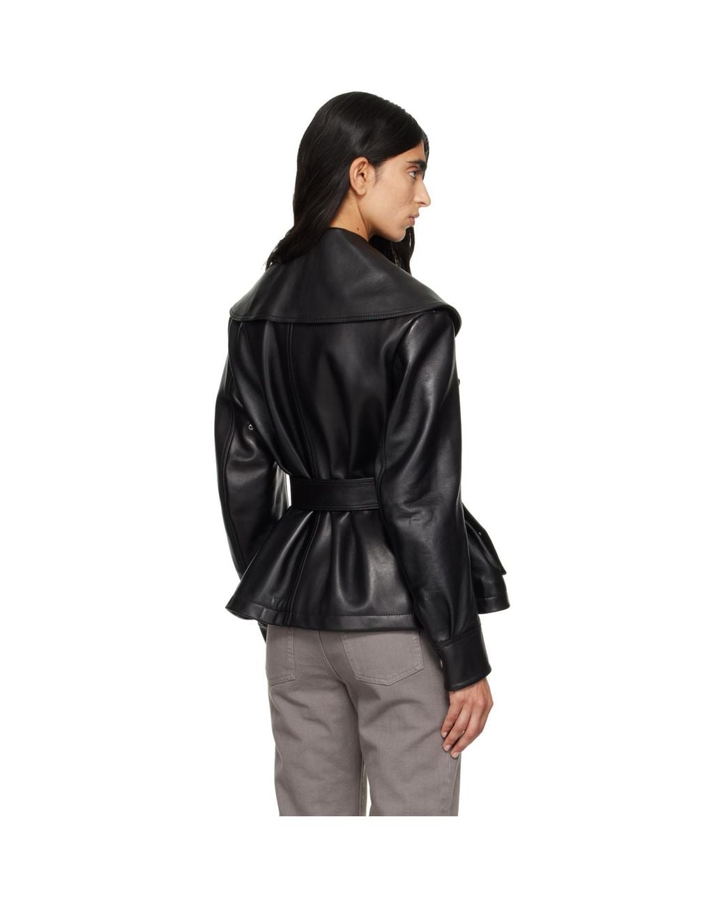 McQueen Black Draped Collar Leather Jacket