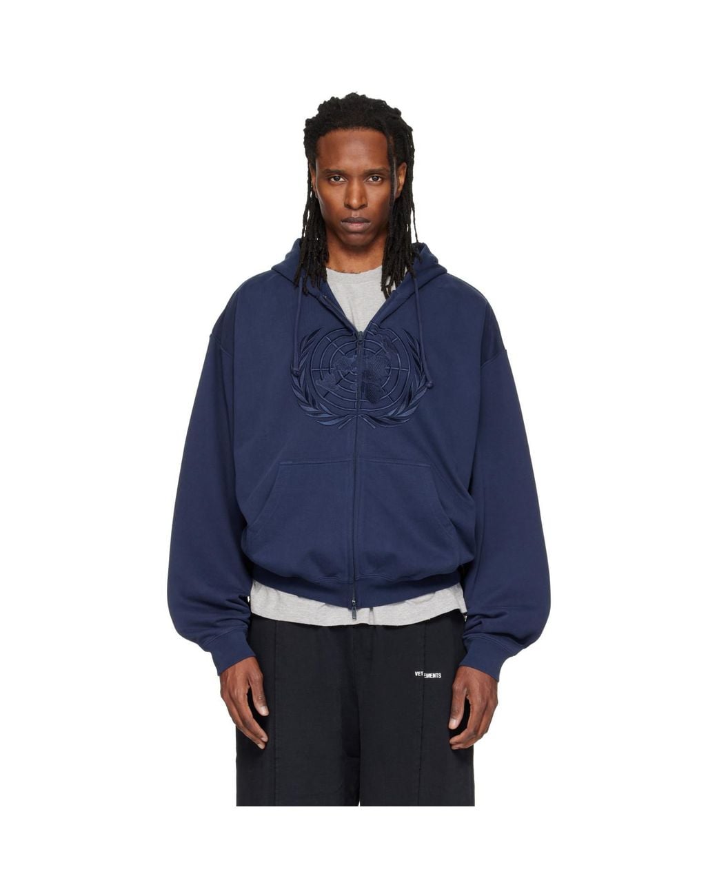Vetements Blue Embroidered Zip Up Hoodie for men