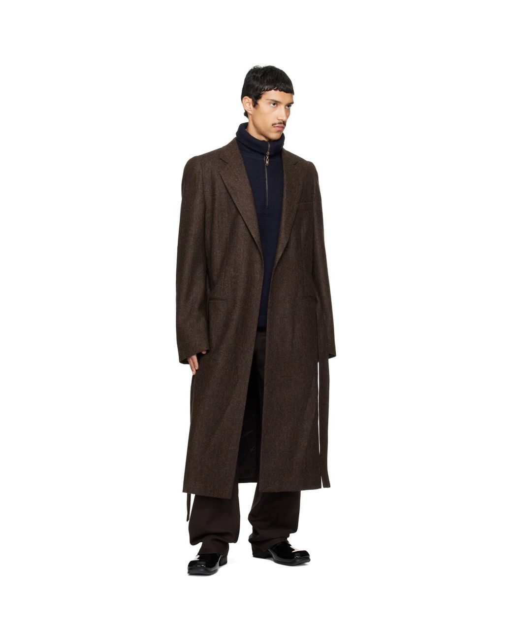 Maison Margiela Black Belted Herringbone Wool Coat for men