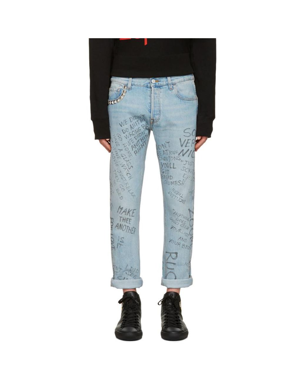 ilt Månenytår Berolige Gucci Blue Studded Scribble Jeans for Men | Lyst