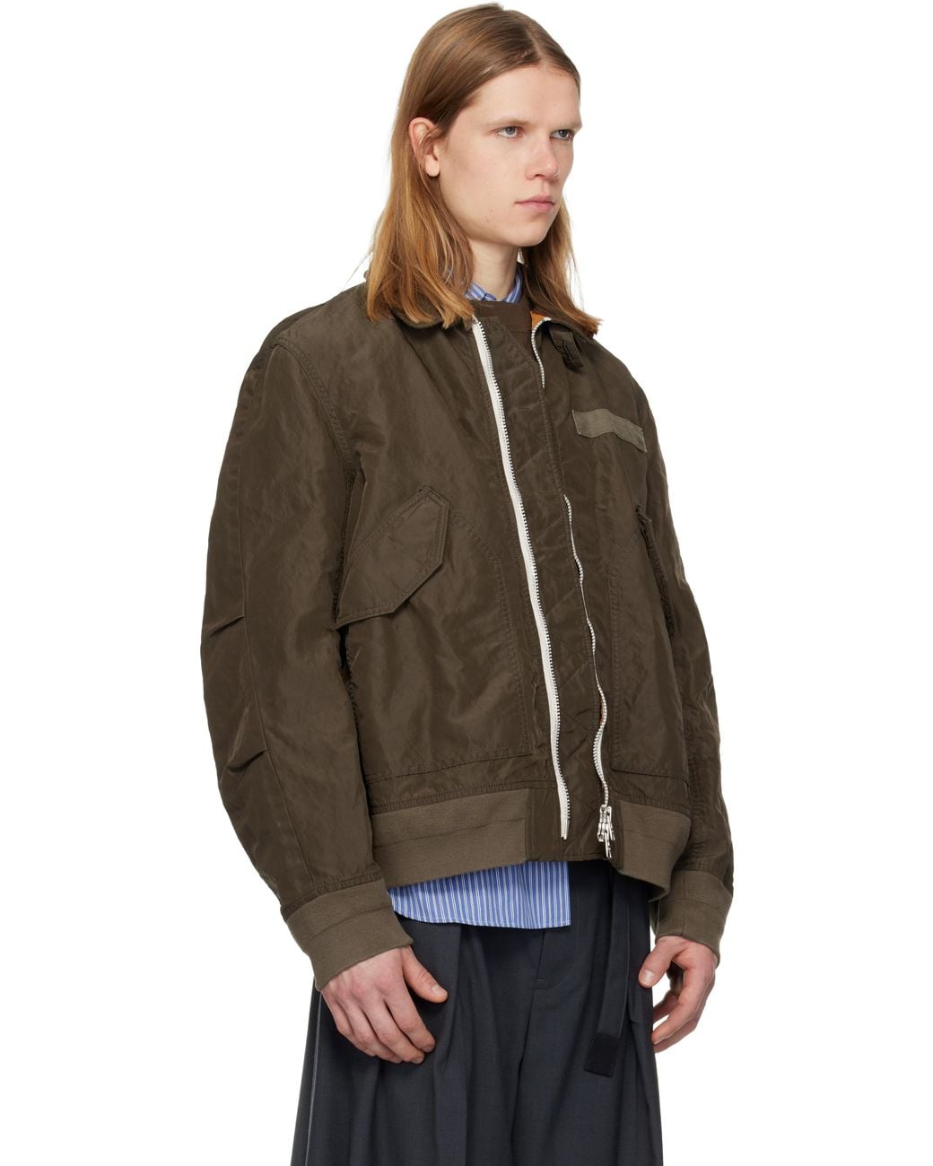 Sacai Brown Khaki Treated Nylon Twill Bomber Jacket for men