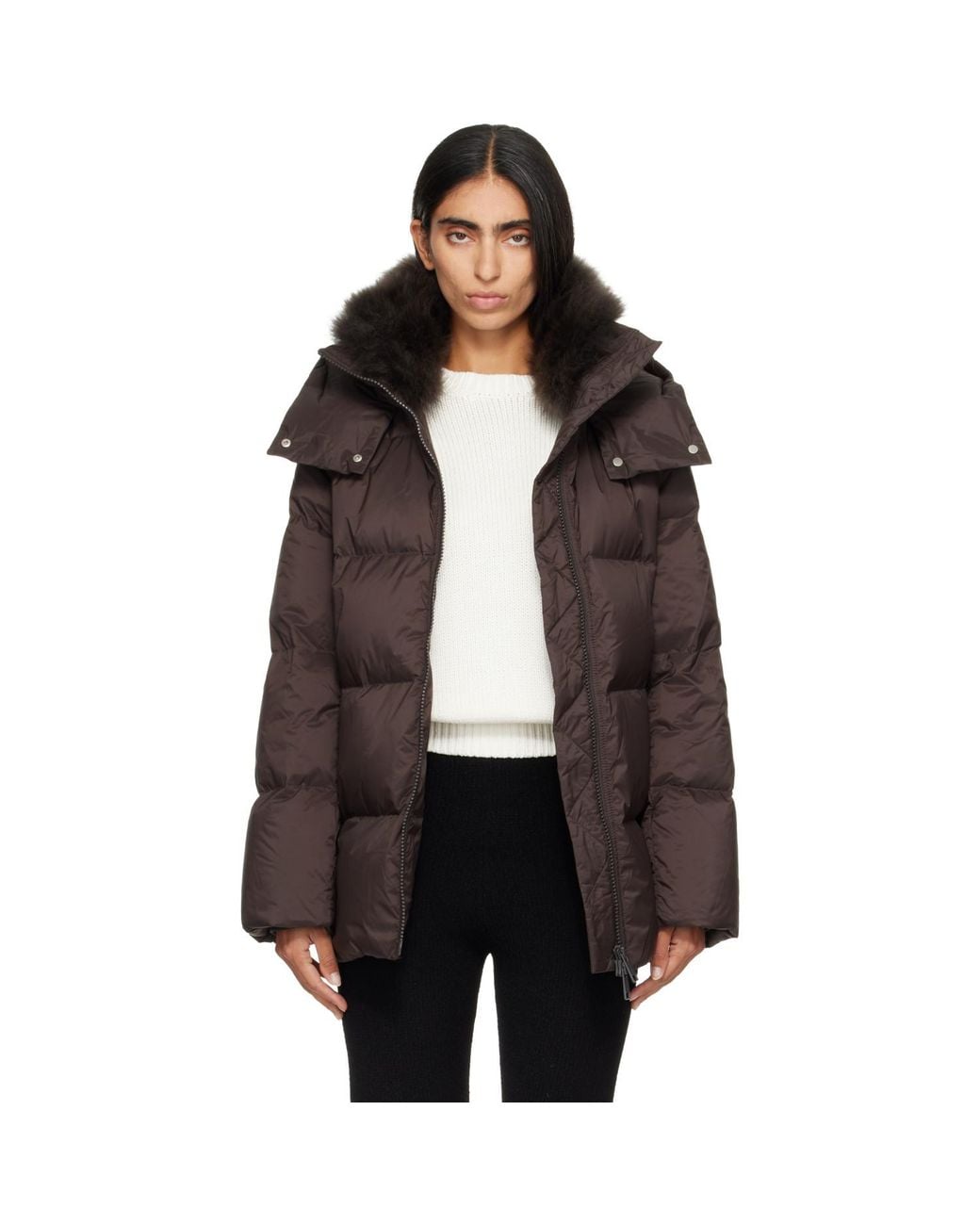 Yves Salomon Black Waterproof Technical Lambswool Trim A-Line Down Jacket