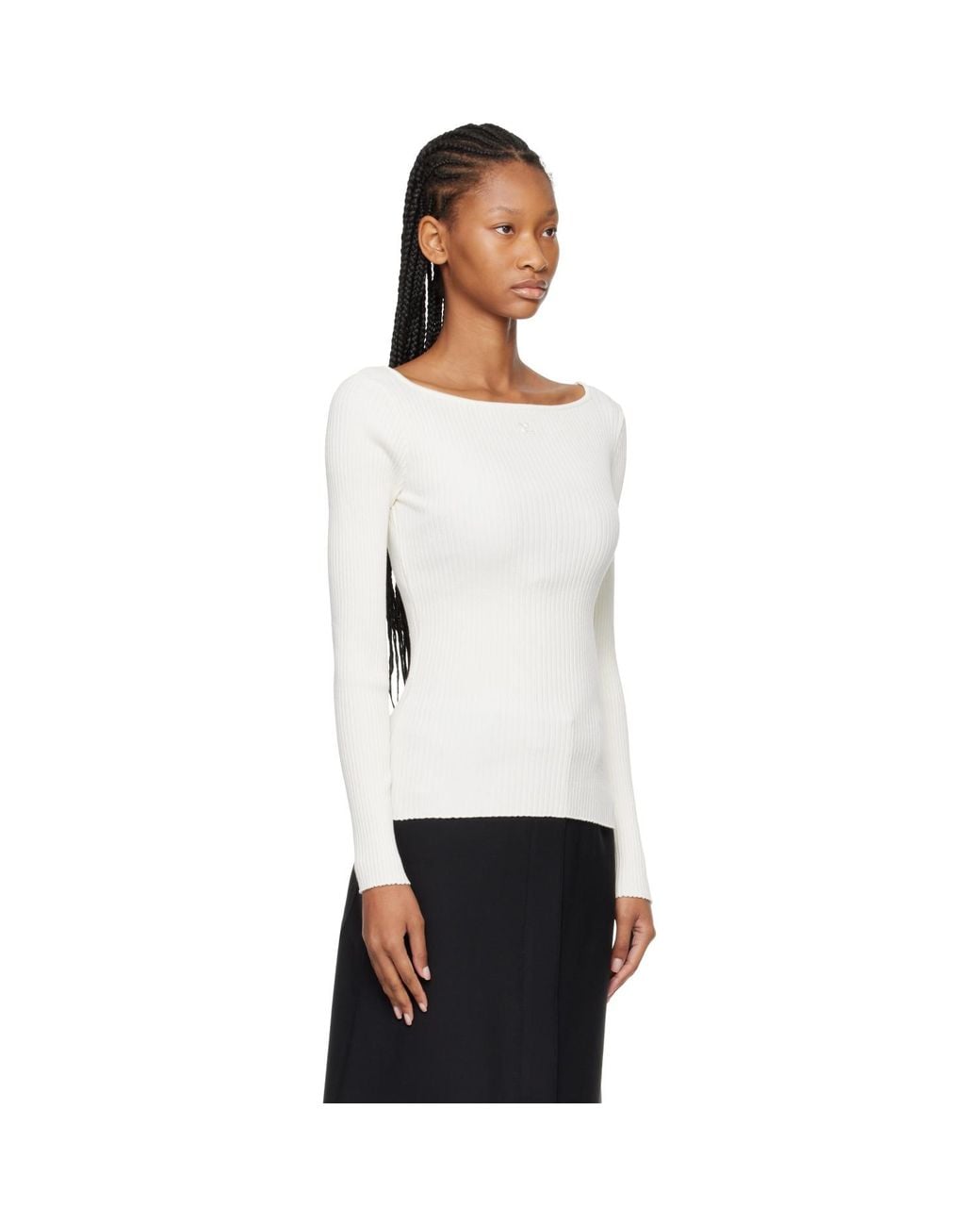 Courreges White Square Neck Rib Knit Sweater