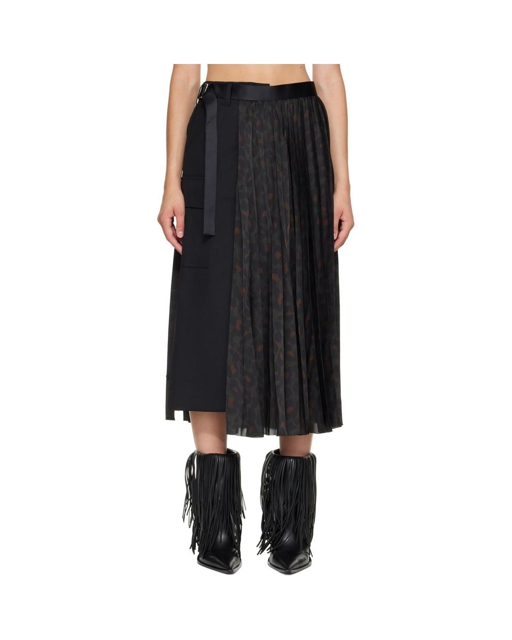 Sacai Black Leopard X Suiting Midi Skirt