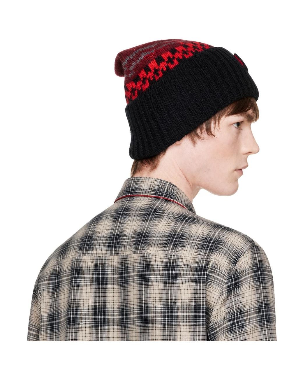 Marni Black Burgundy & Wool Geometric Motif Beanie for men