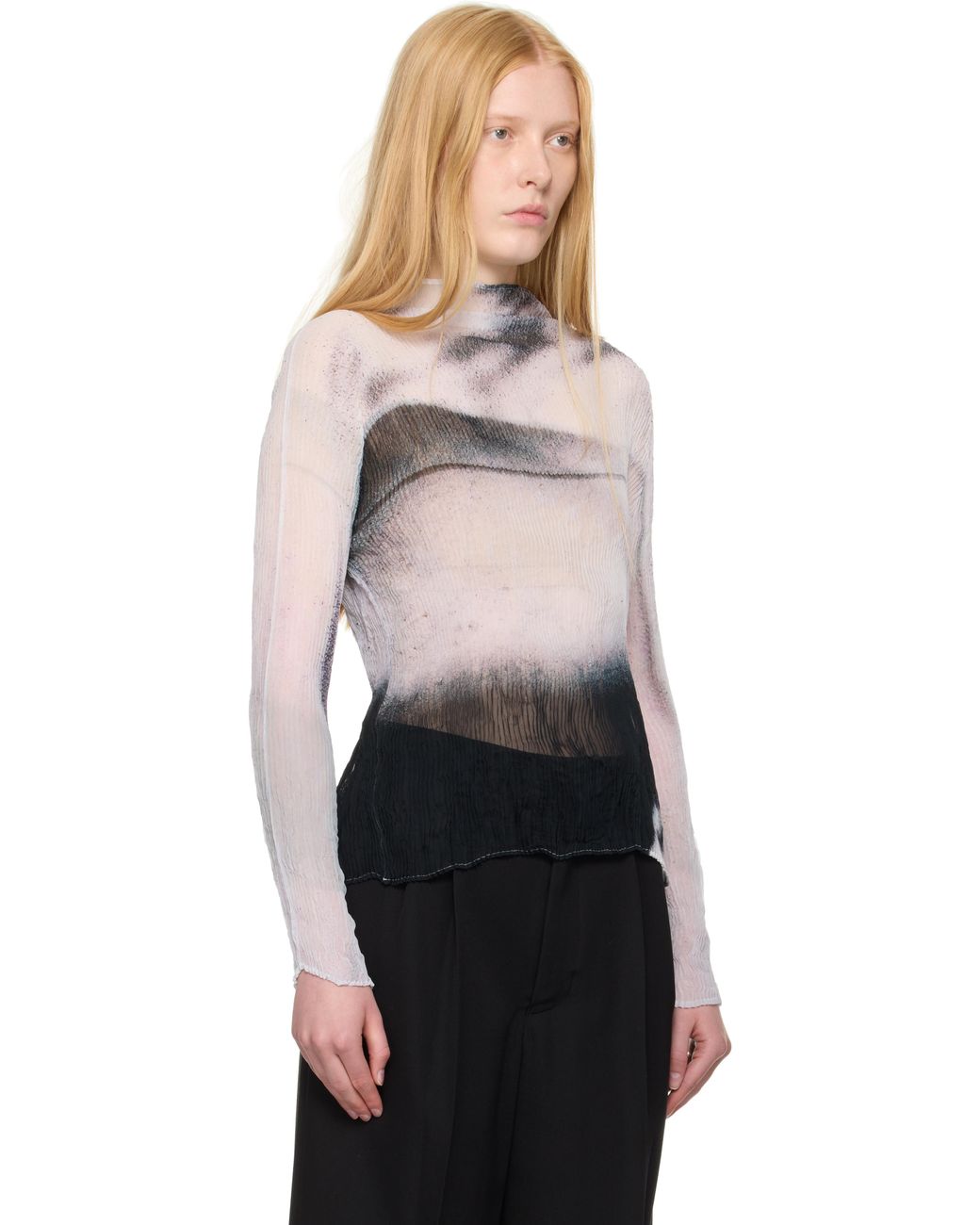 Issey Miyake Shadow Study Pleats Chiffon Twist Turtleneck in Black