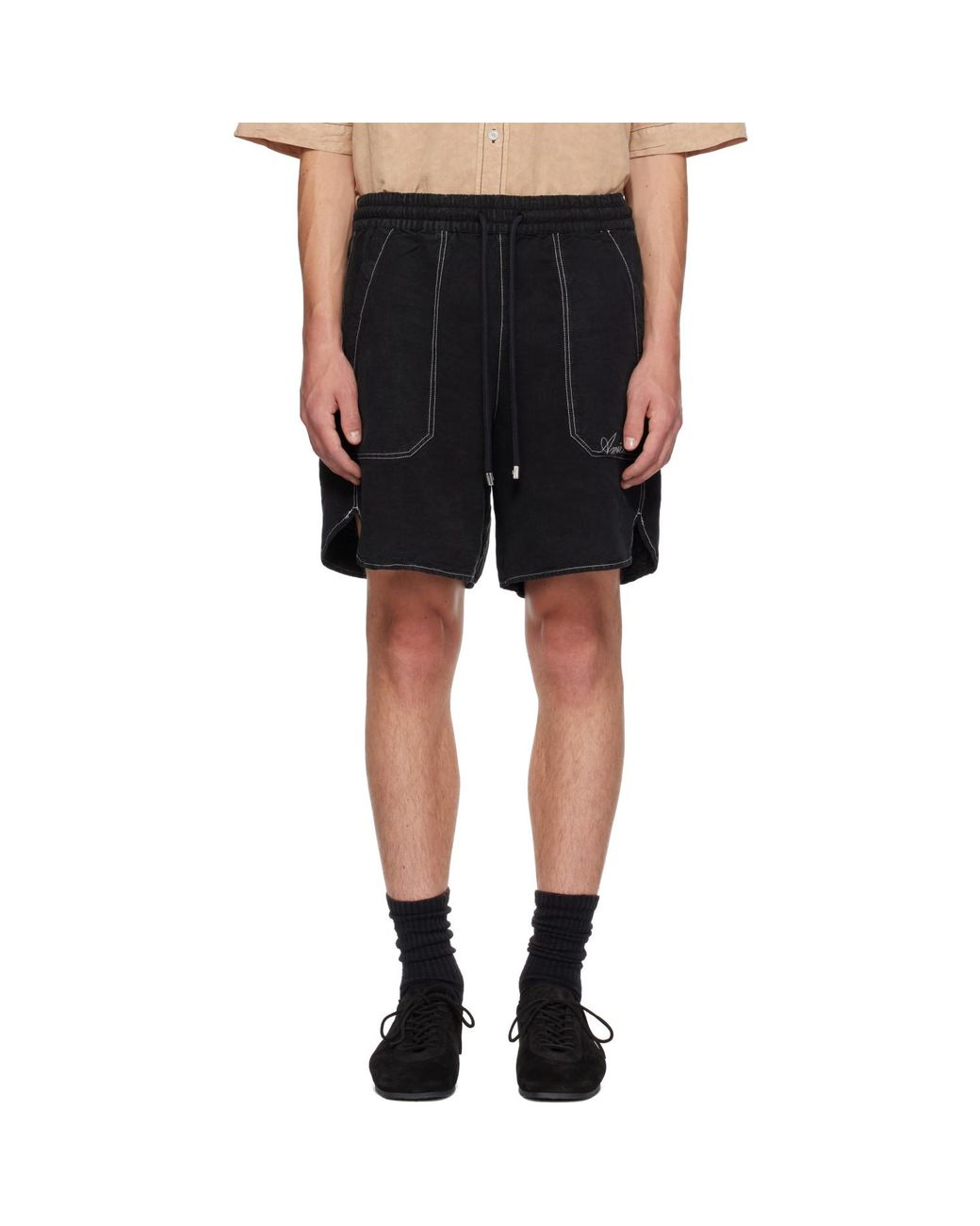 Amiri Black Script Linen Gd Shorts for men