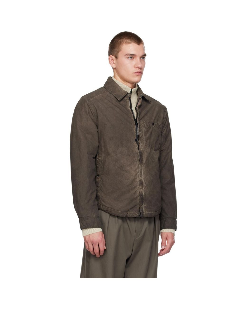 C P Company Brown Flatt Nylon Lens Padded Zipped Overshirt for men