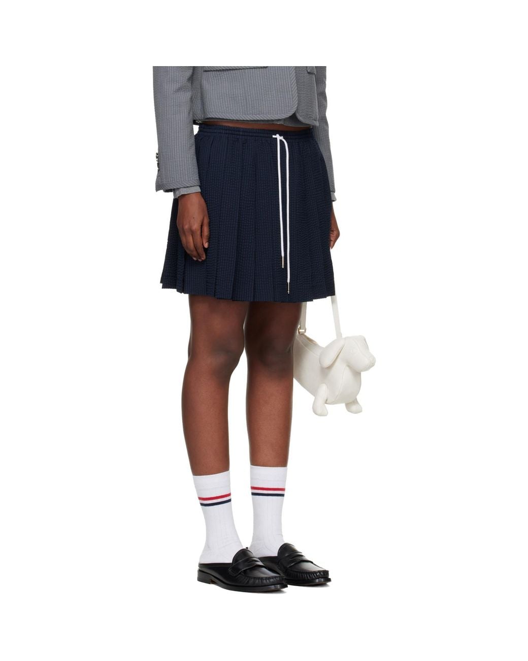Thom Browne Blue Wool Seersucker Drawstring Pleated Miniskirt