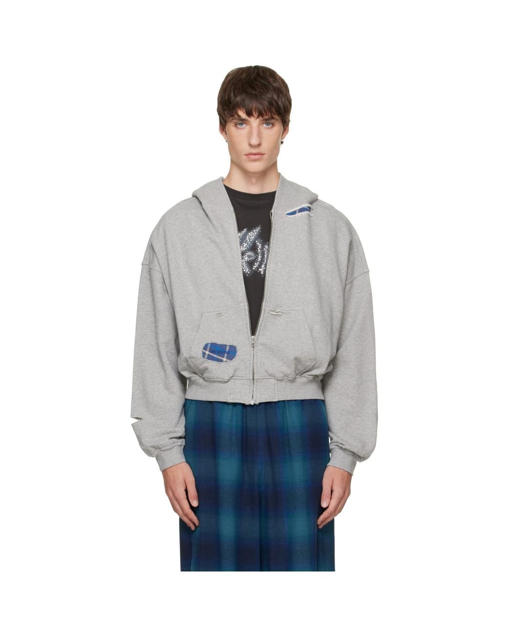 we11done Gray Repaired Zip-Up Hoodie for men