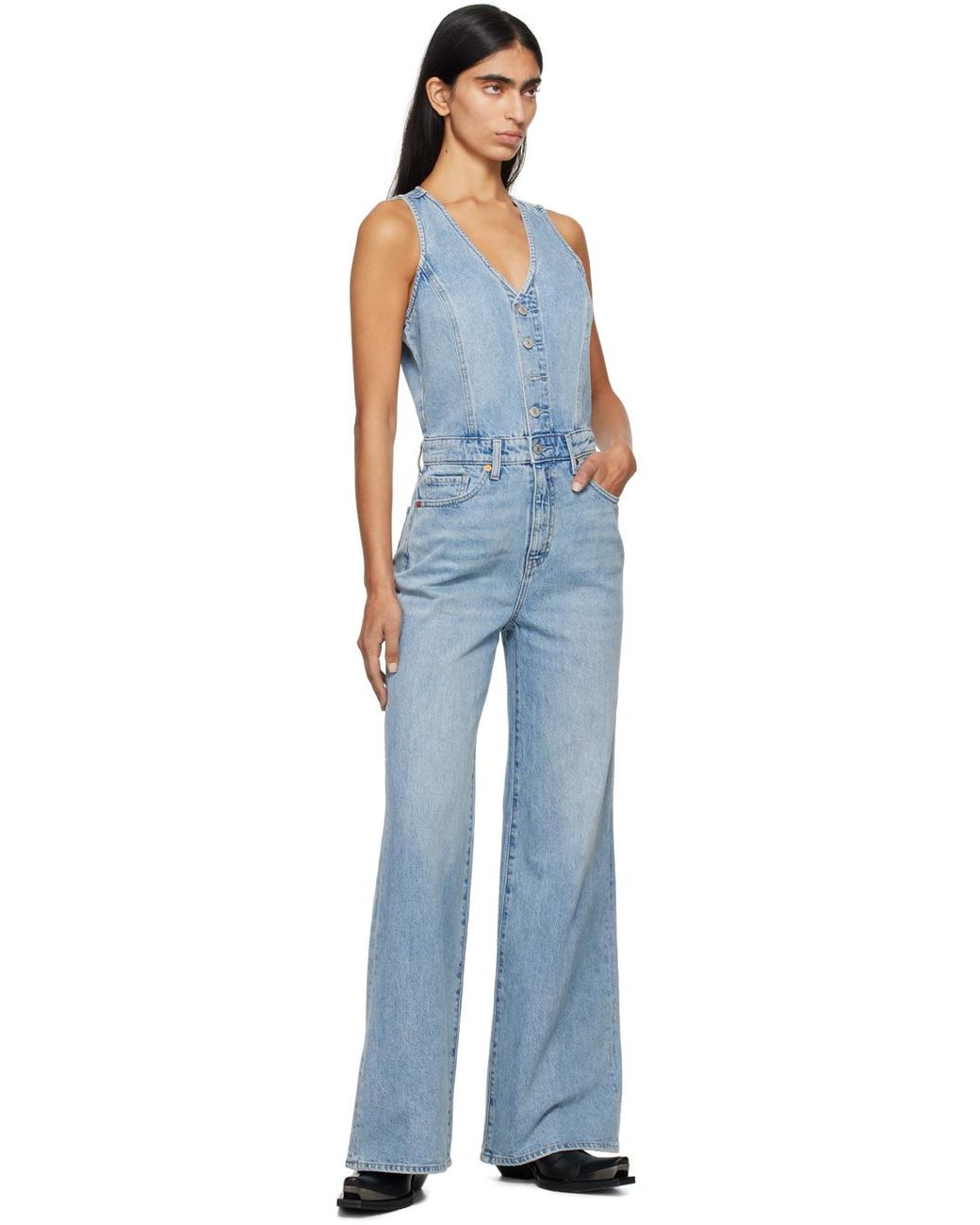 SALE!Levis 残りわずか！ワイドレッグ ジャンプスーツ Levi's ブルー ベスト ワイドレッグ デニム ジャンプスーツ