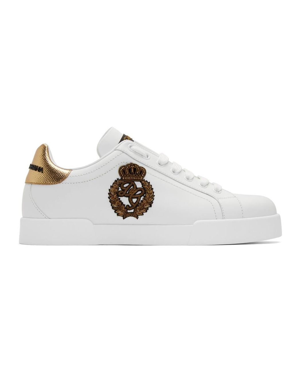 Dolce & Gabbana Leather White And Gold Crest Portofino Sneakers for Men ...