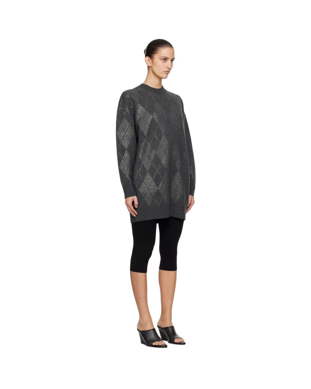 Alexander Wang Black Long Sleeve Crewneck Crystal Argyle Hotfix Minidress