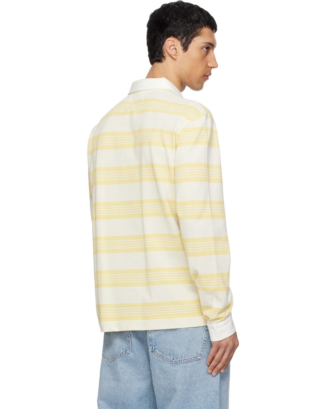 メンズ Lacoste ホワイト＆イエロー リラックスフィット ボーダー ピケ ラガーシャツ Multicolor