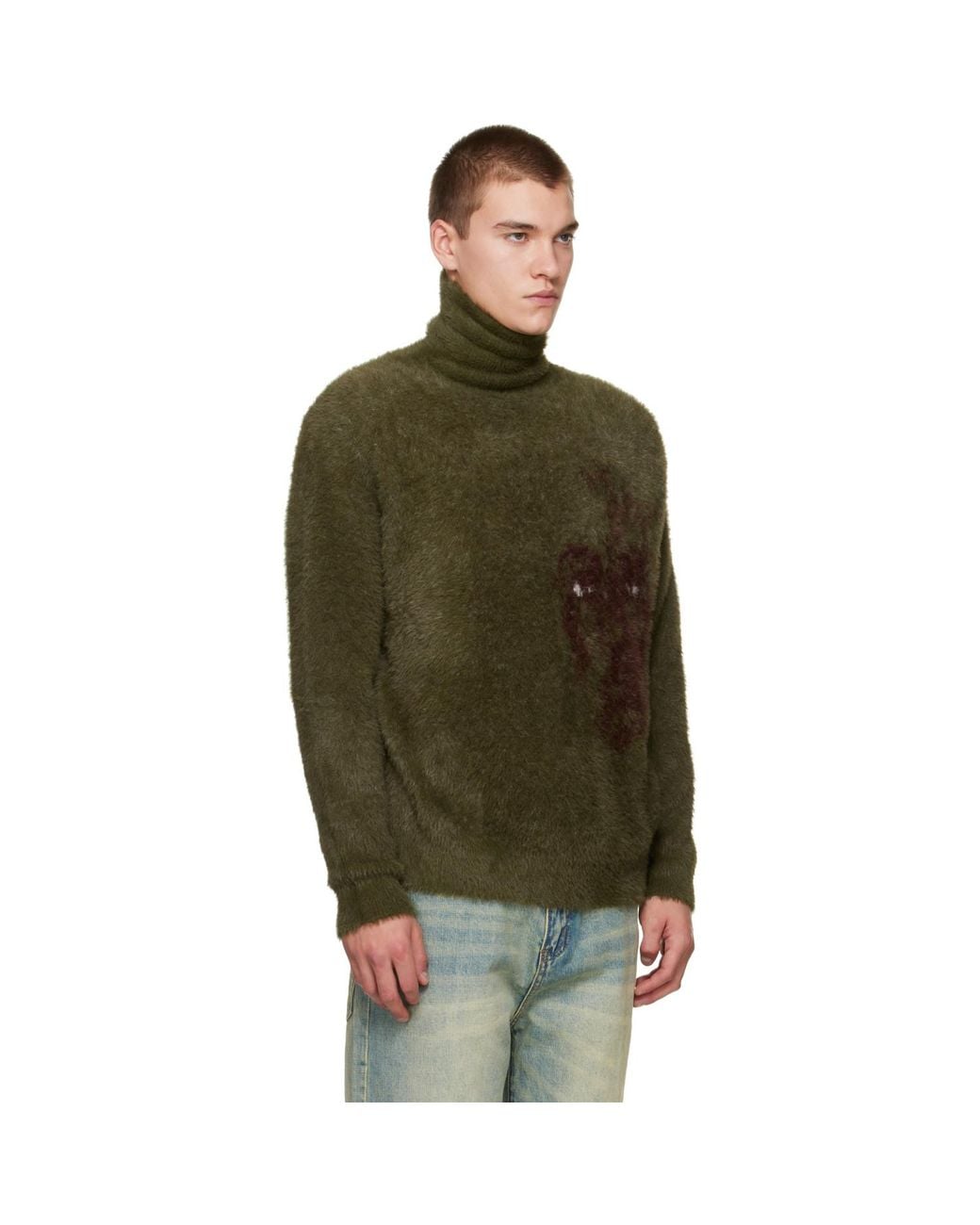 Kidsuper Green Fuzzy Knit 'Hatched Face' Turtleneck for men