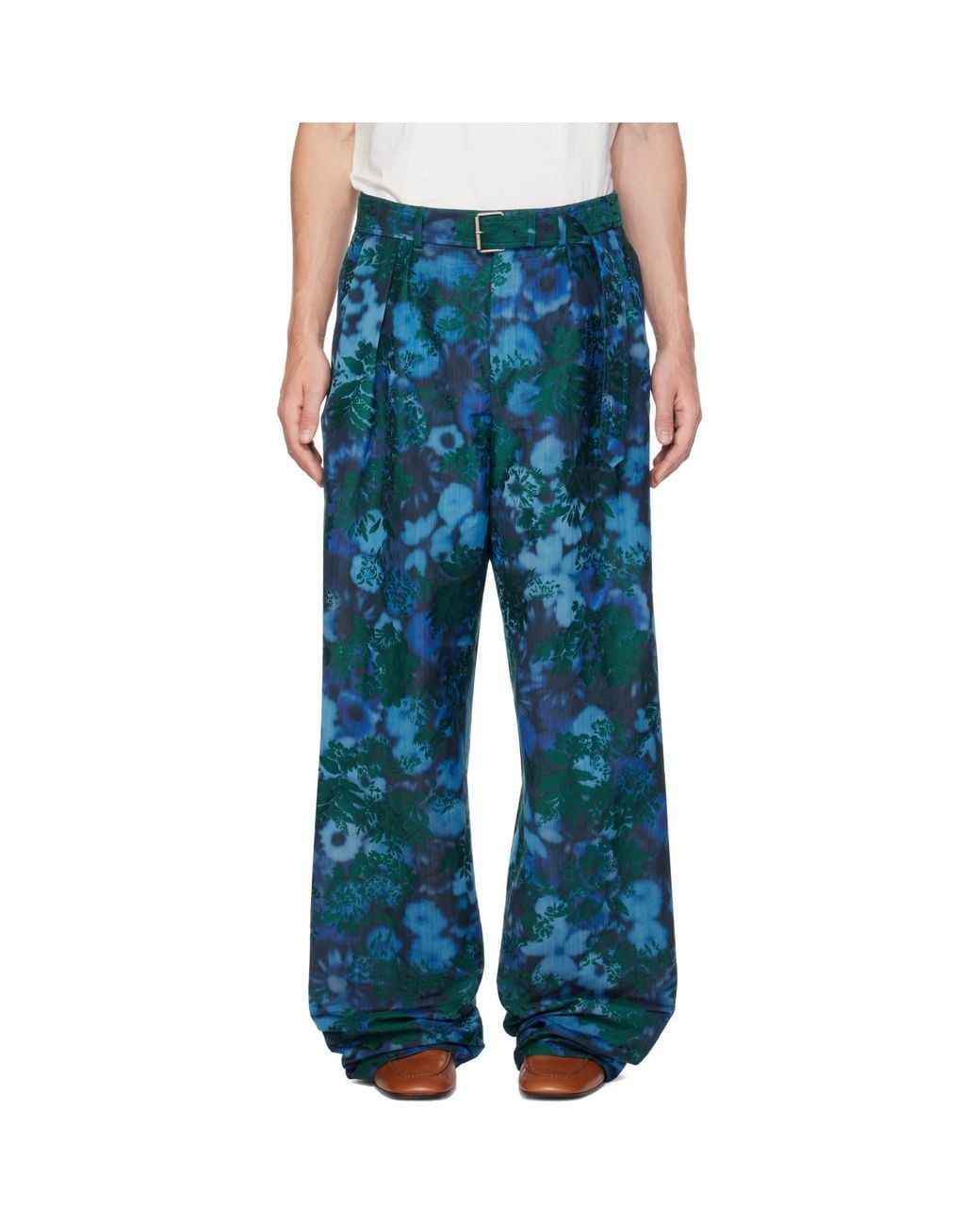 Dries Van Noten Blue Belted Jacquard Trousers for men
