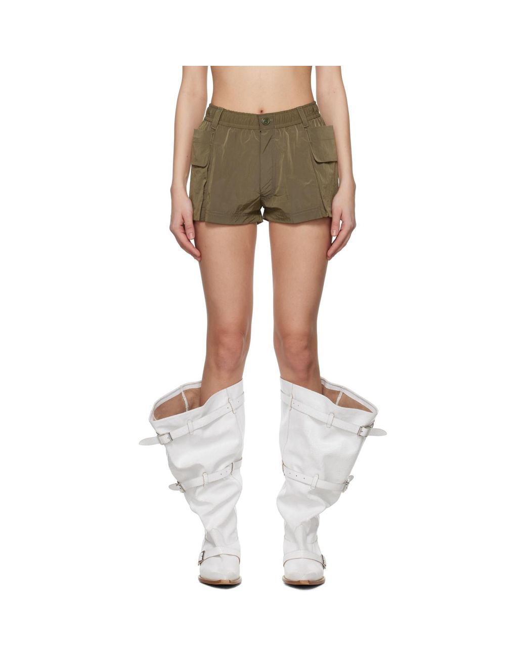R13 Green Khaki 2-Way Pockets Shorts