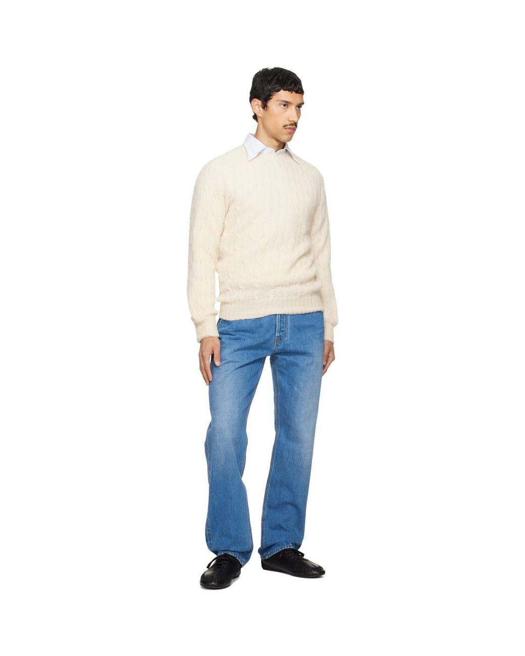 Drake's White Off- Brushed Shetland Cable Knit Sweater for men