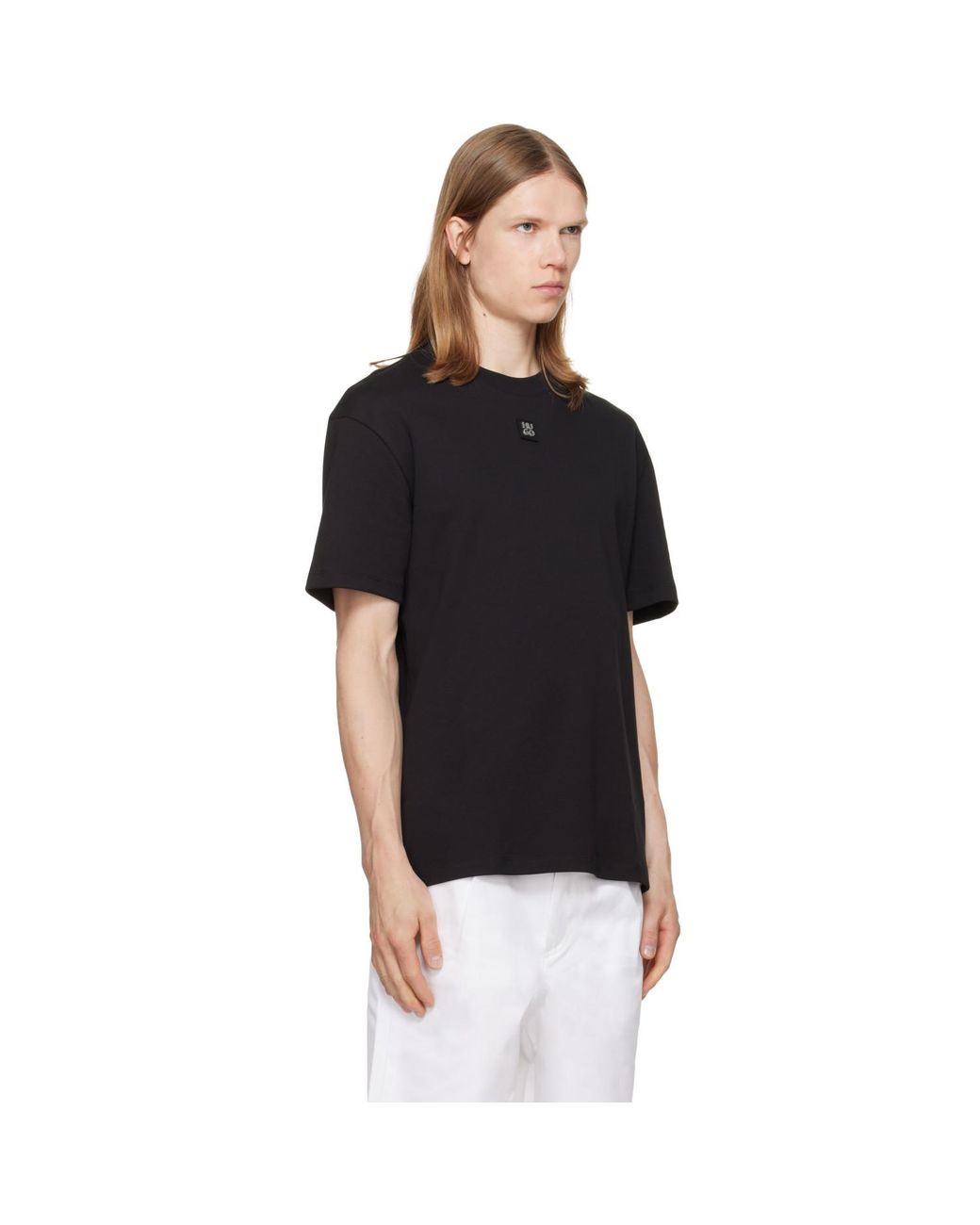 HUGO Black Interlock-Cotton Stacked-Logo T-Shirt for men