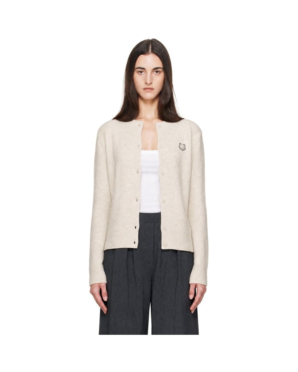 Maison Kitsuné White Fox Head Lambswool High Neck Cardigan