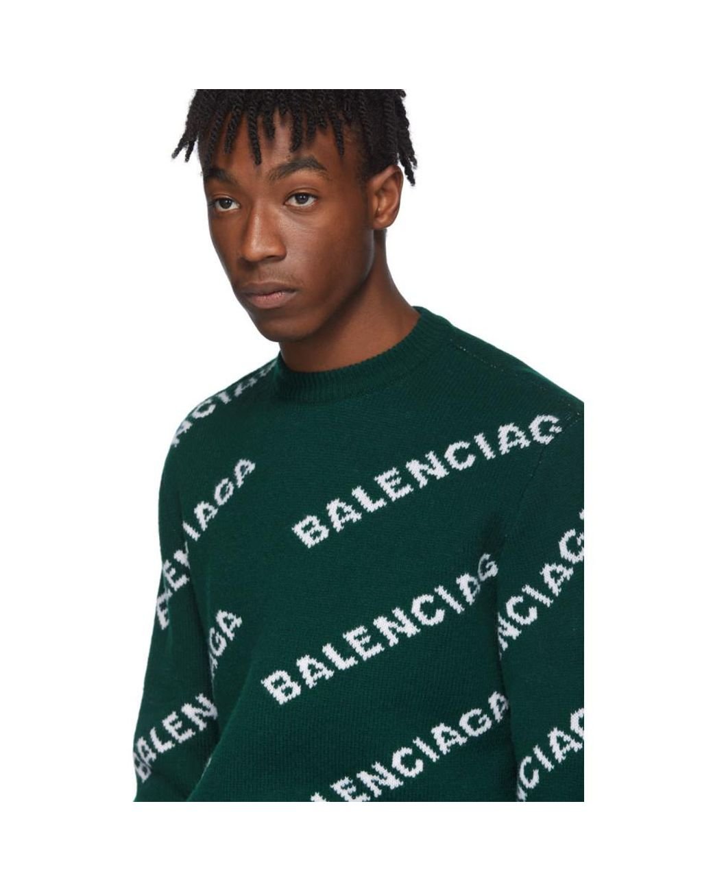 Balenciaga Green Wool Jacquard Logo Crewneck Sweater for Men Lyst