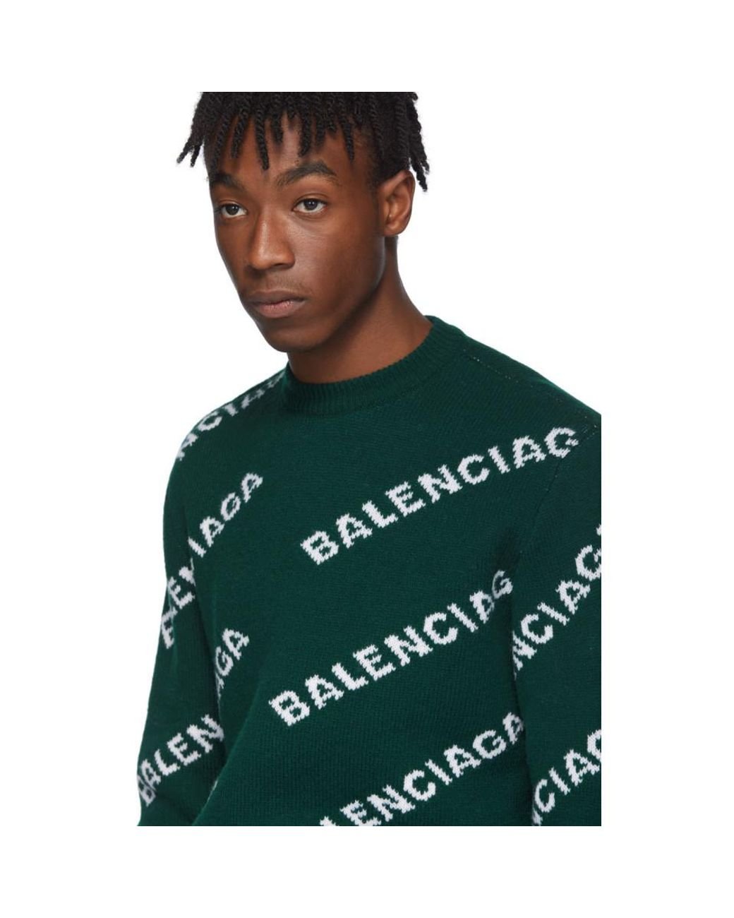 Balenciaga Green Wool Jacquard Logo Crewneck Sweater for Men | Lyst