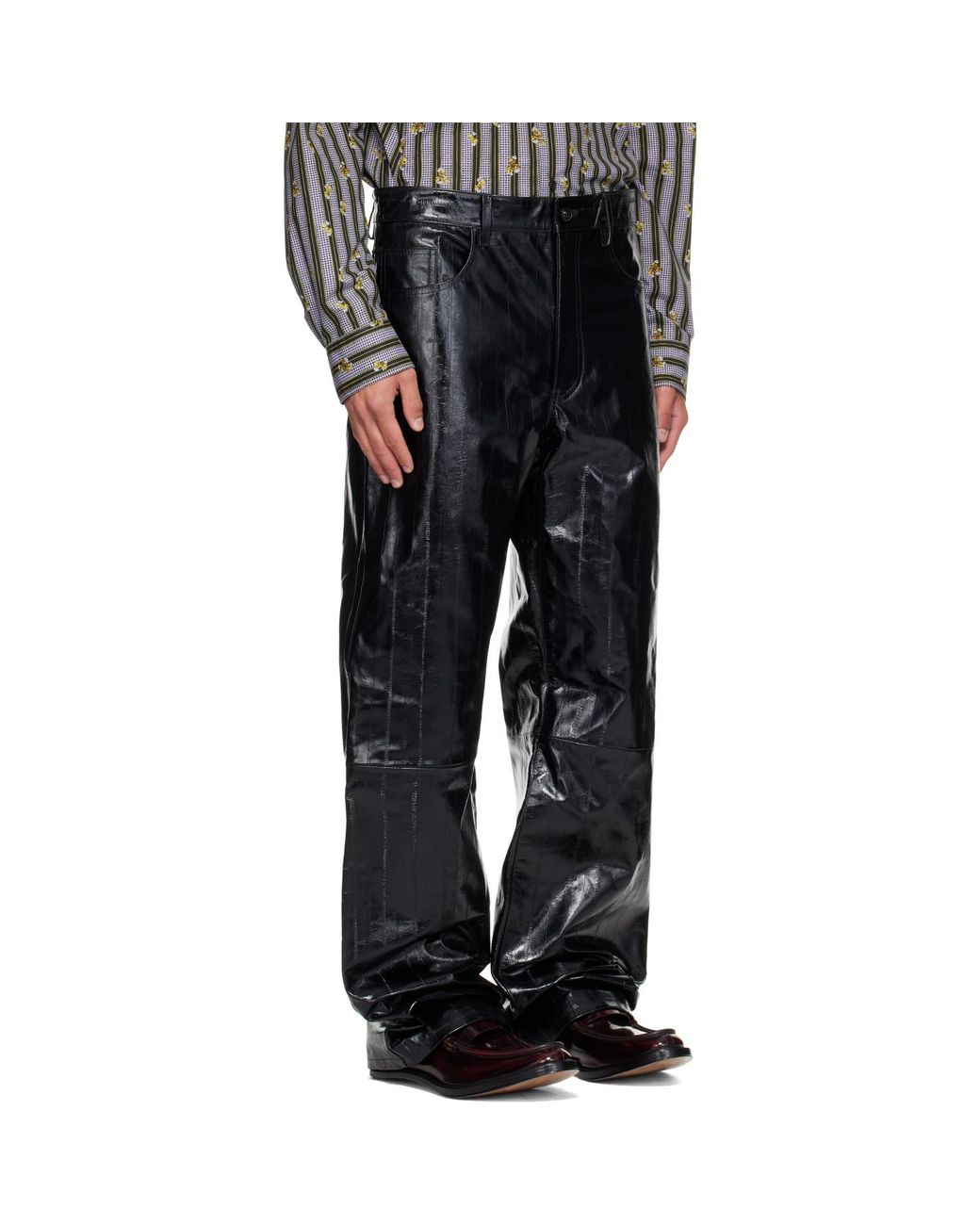 Dries Van Noten Black Loose Leather Pants for men