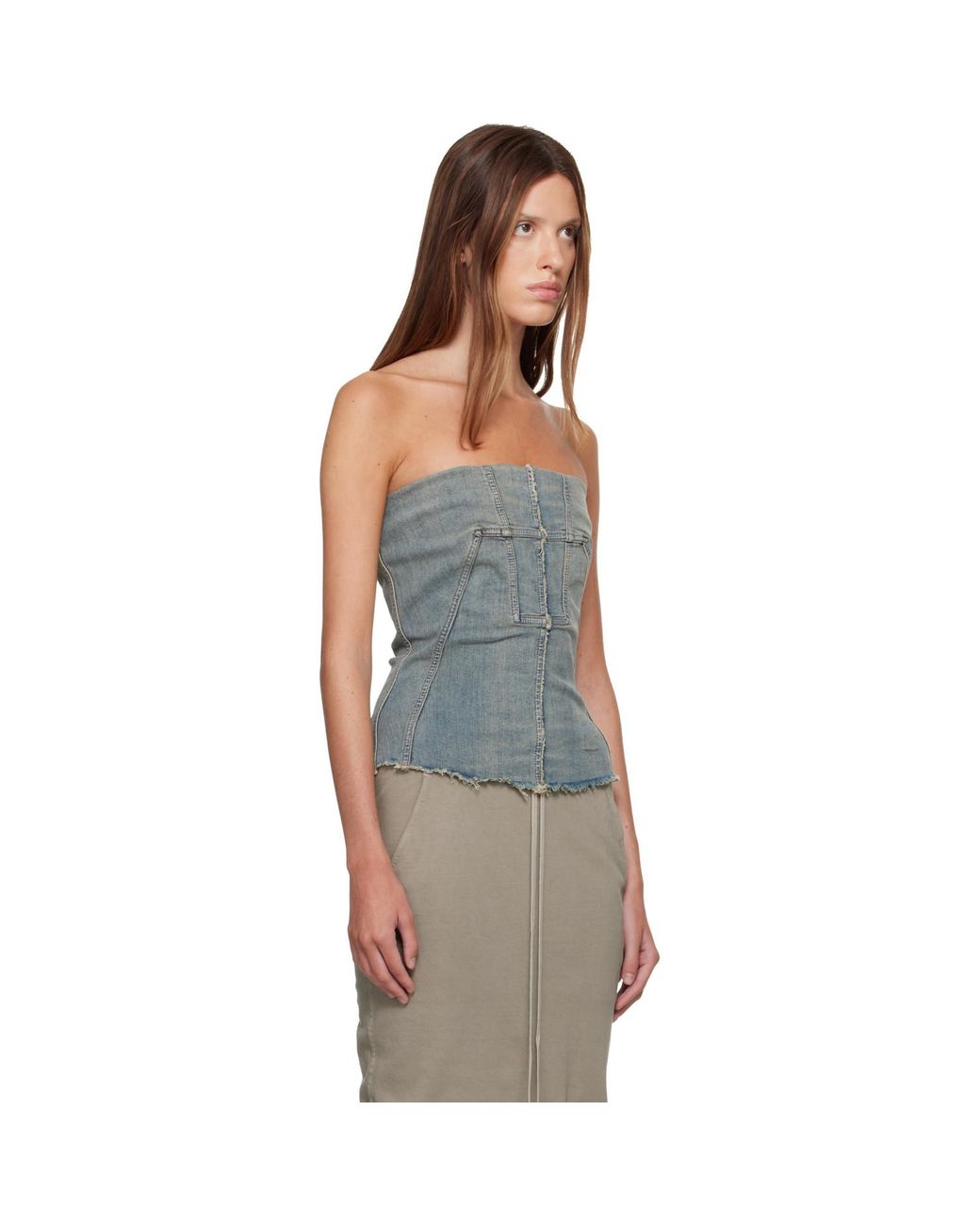 Rick Owens Blue Tower Splintered Denim Bustier Top