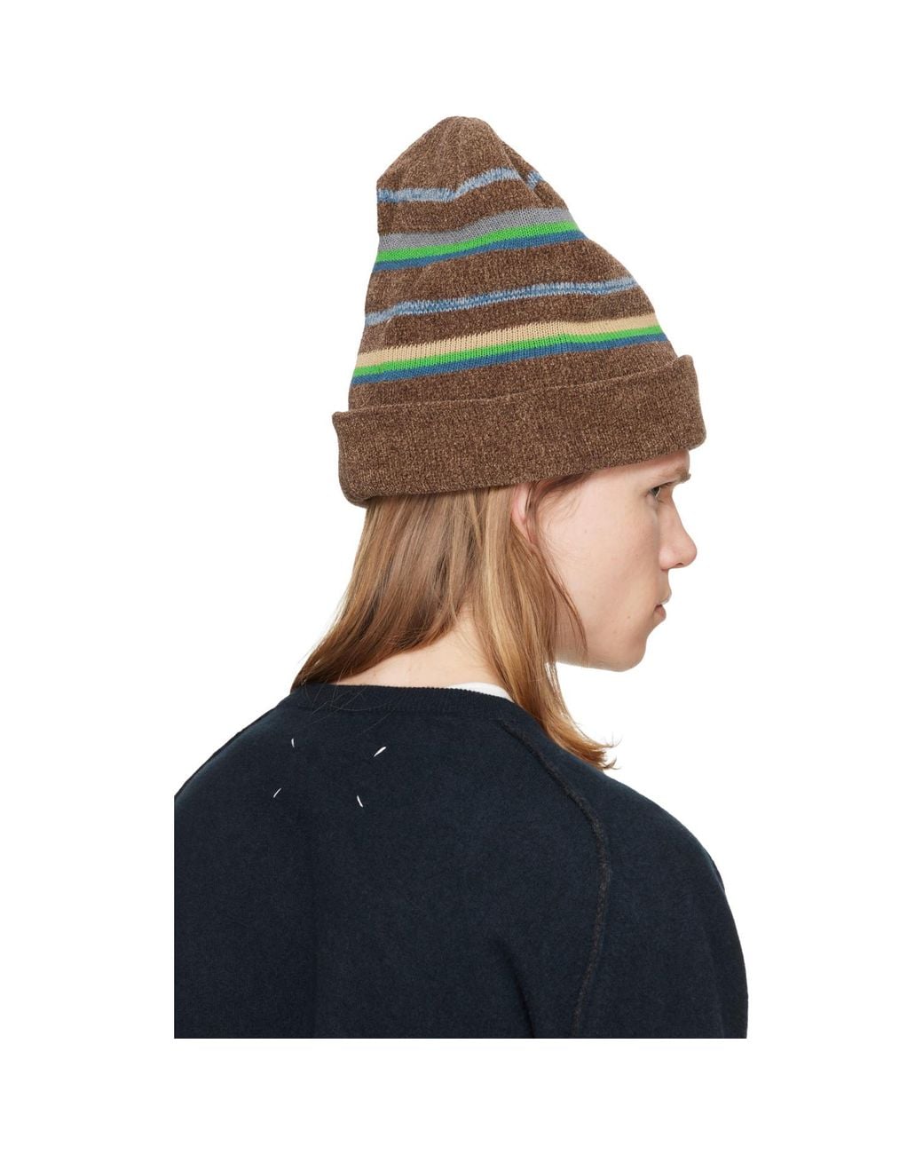 Maison Margiela Blue Striped Knit Beanie for men