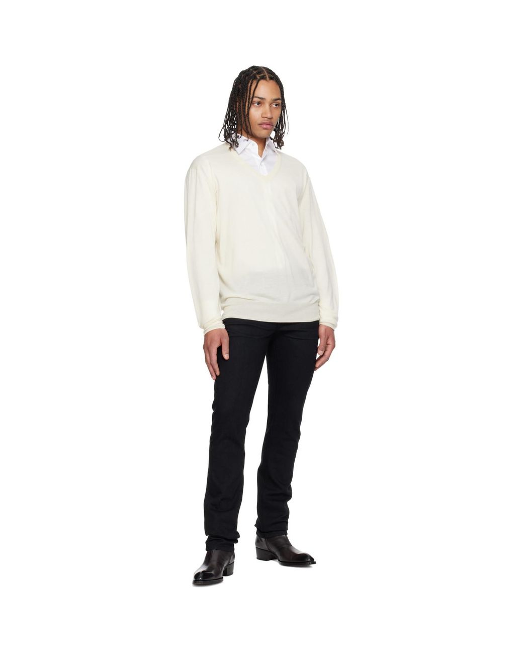 Tom Ford White Off- Fine Gauge Cashmere Ls V-Neck Sweater for men
