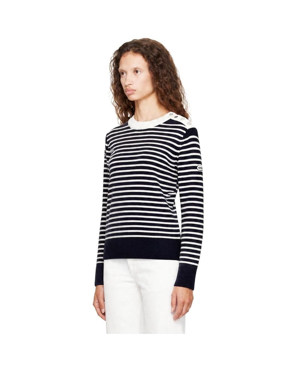 AMI Blue Off- Sailor Striped Wool Crewneck Sweater