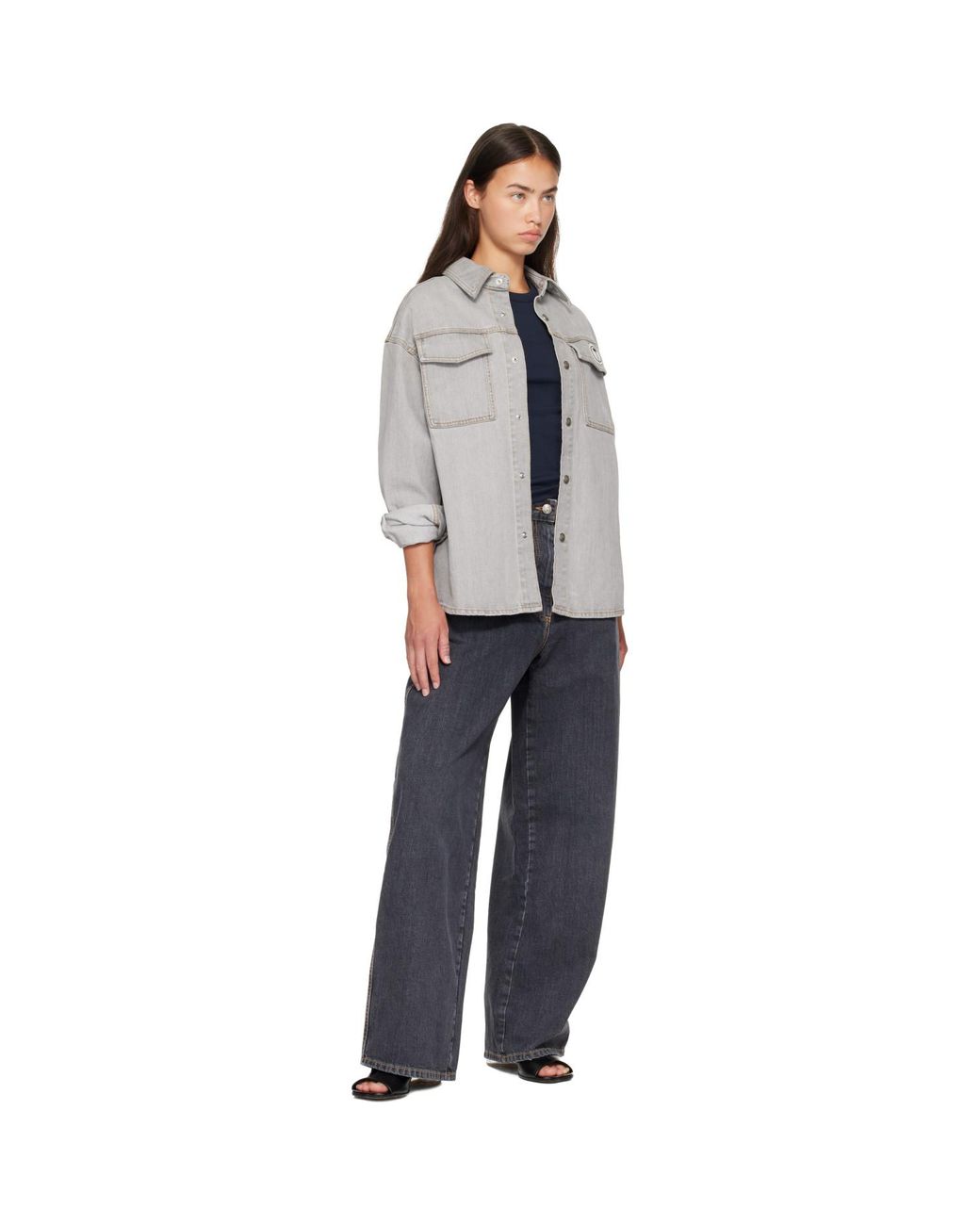 Palm Angels Gray Tree Logo Denim Overshirt