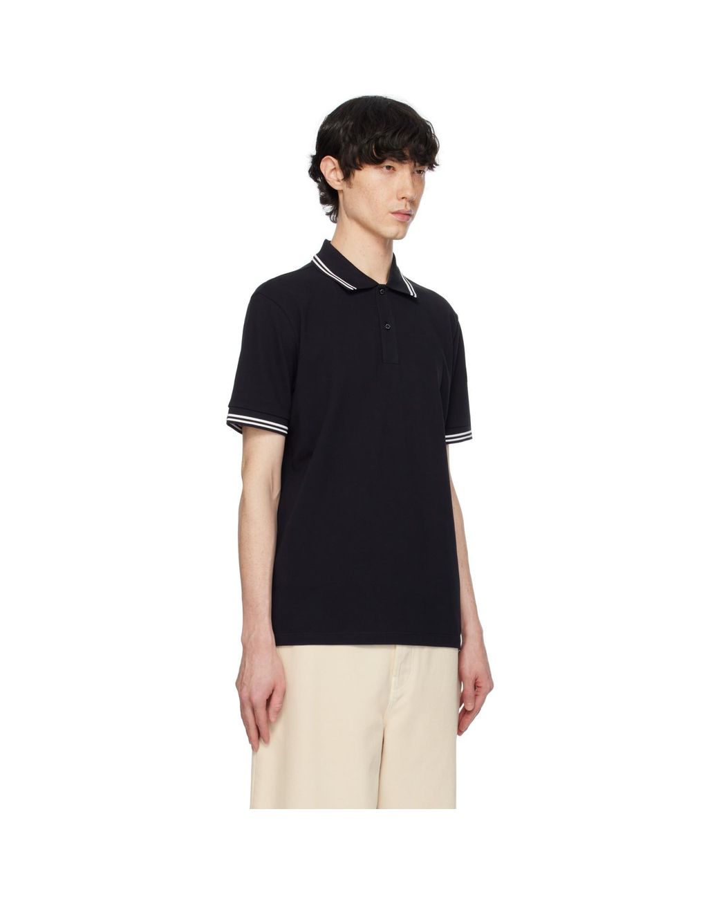 Moncler Black Striped Trim Cotton Piquet Polo for men