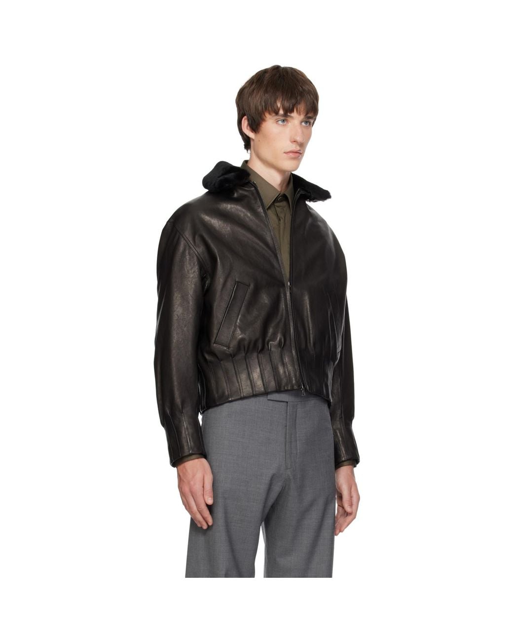 AARON ESH Black Shearling Collar Leather Bomber for men