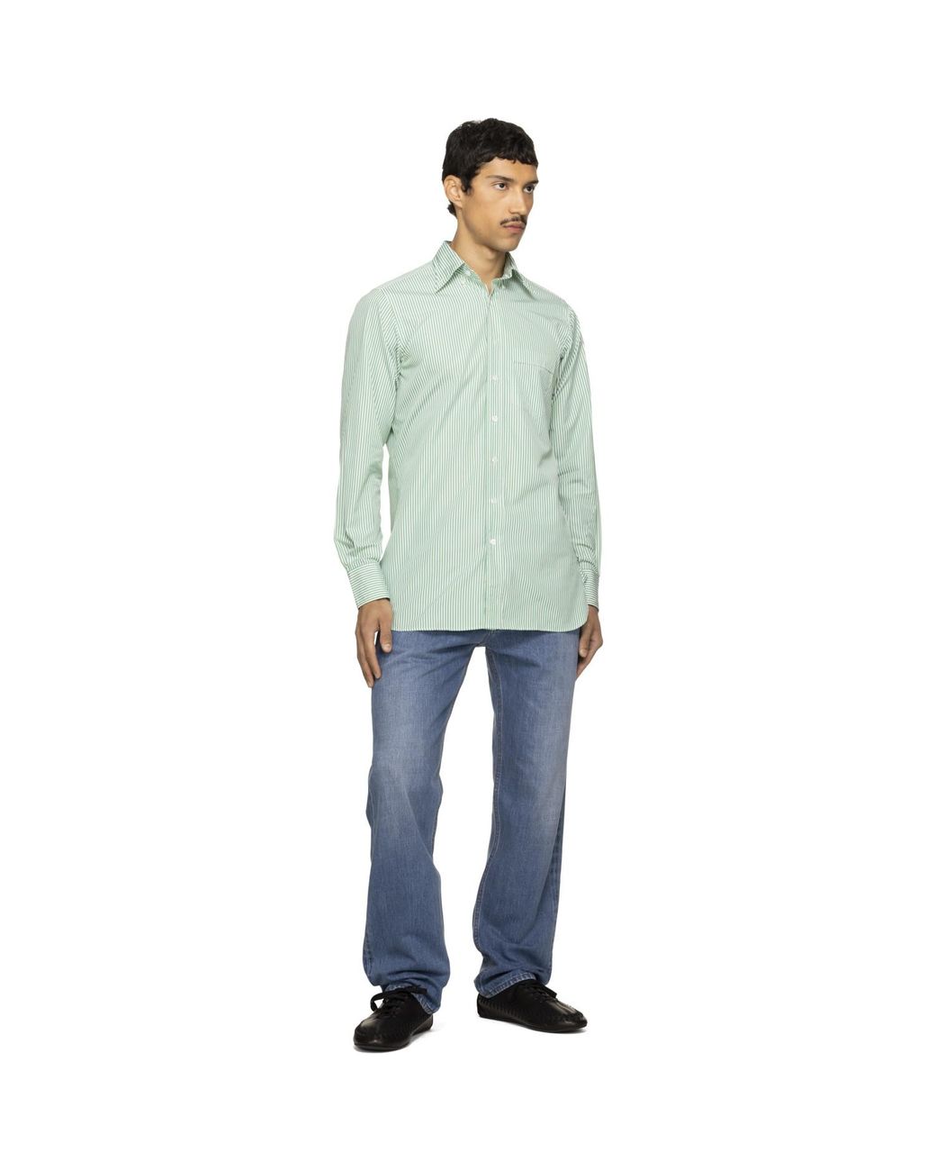Drake's Green Narrow Stripe Cotton Poplin Button-Down Shirt for men