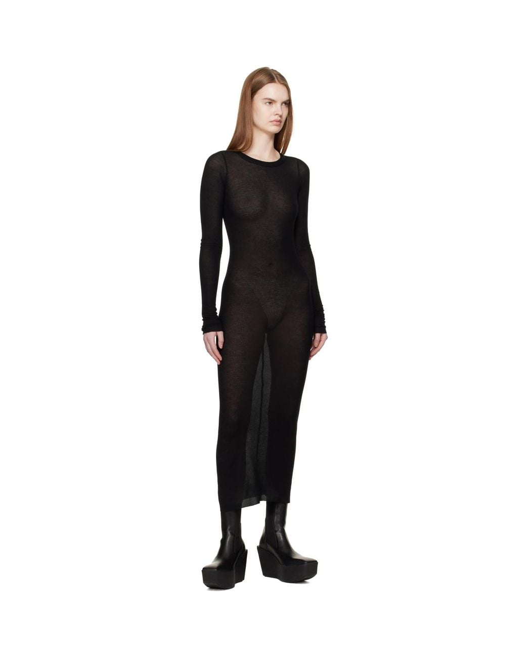 Rick Owens Black Temple Rib Ls Midi Dress