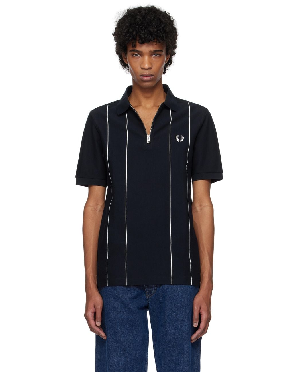 メンズ Fred Perry ネイビー ピンストライプ ジッパー ネック