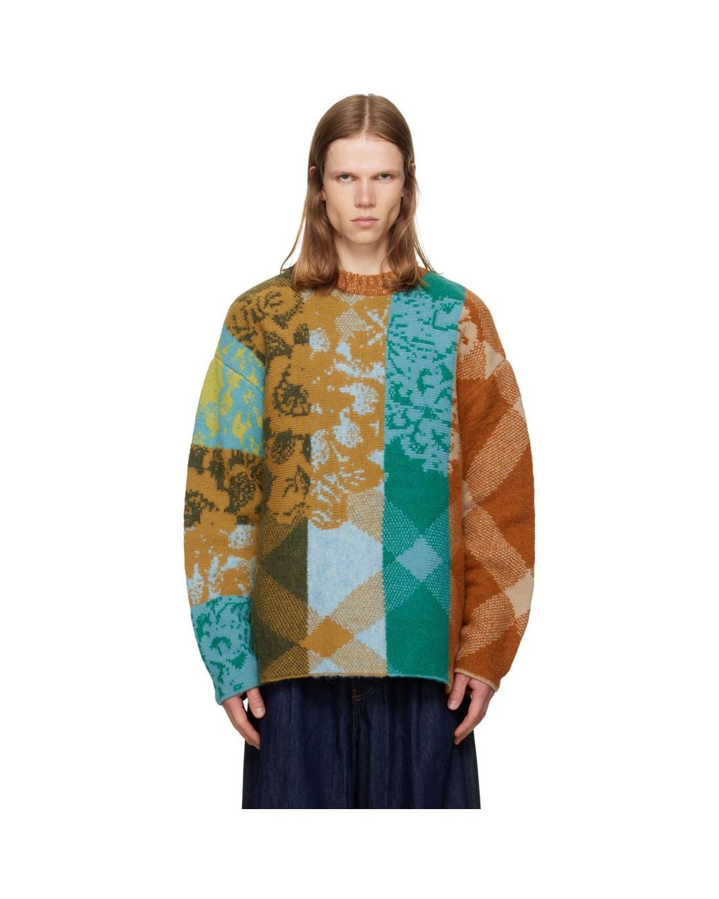Dries Van Noten Blue Patchwork Wool Sweater for men