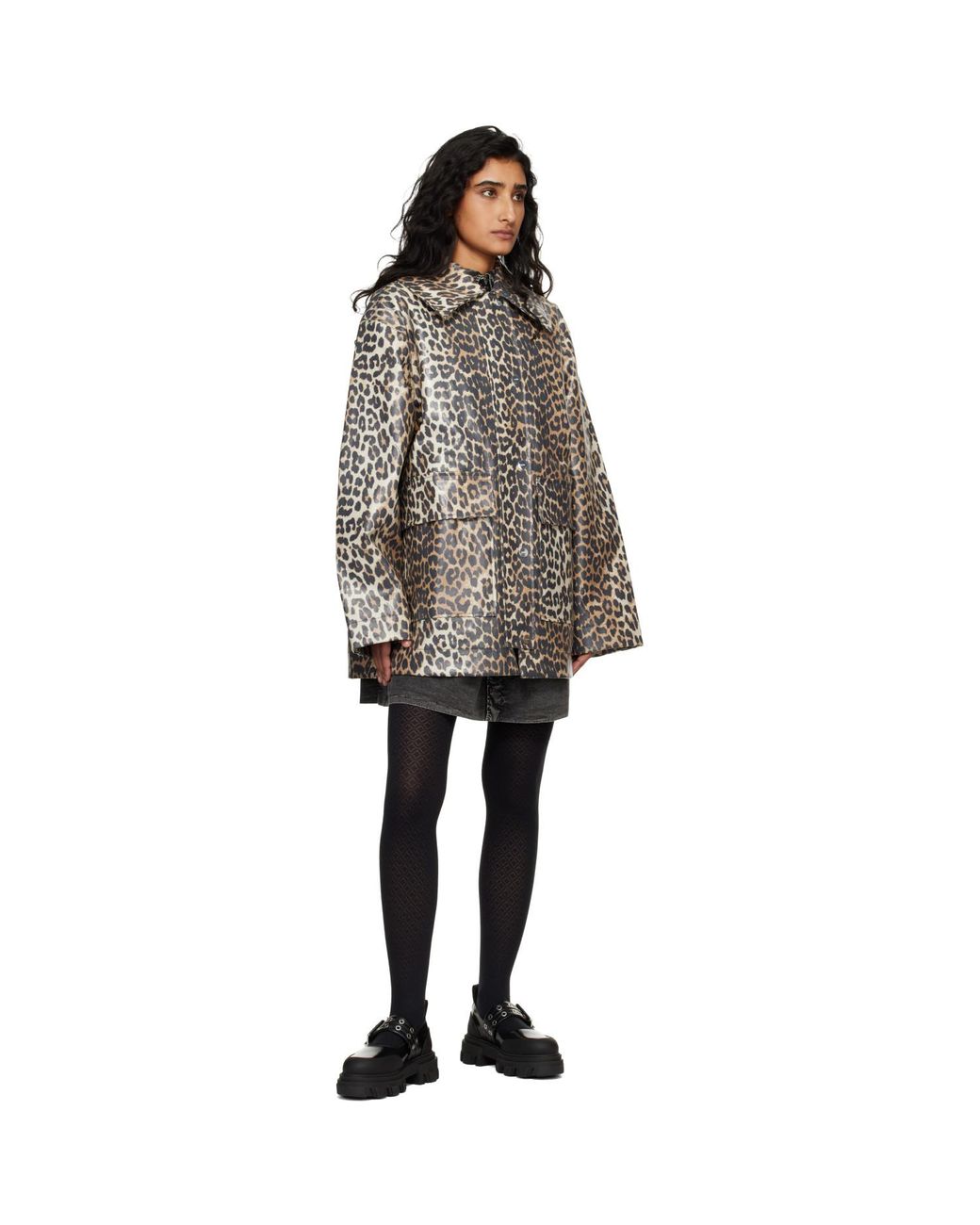 Ganni Black Leopard Laminated Cotton Jacket
