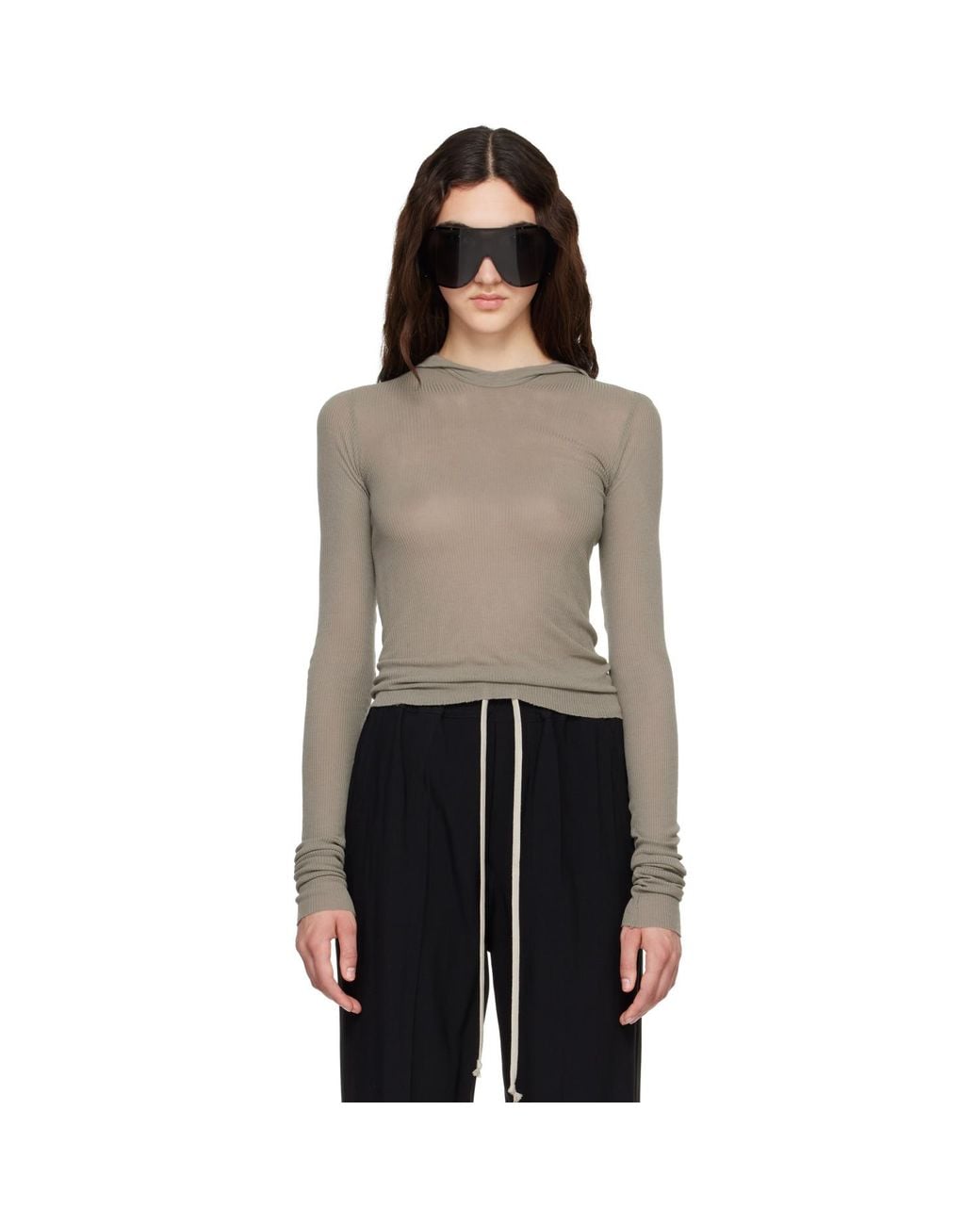 Rick Owens Multicolor Taupe Tower Cropped Hooded Rib Ls T-Shirt