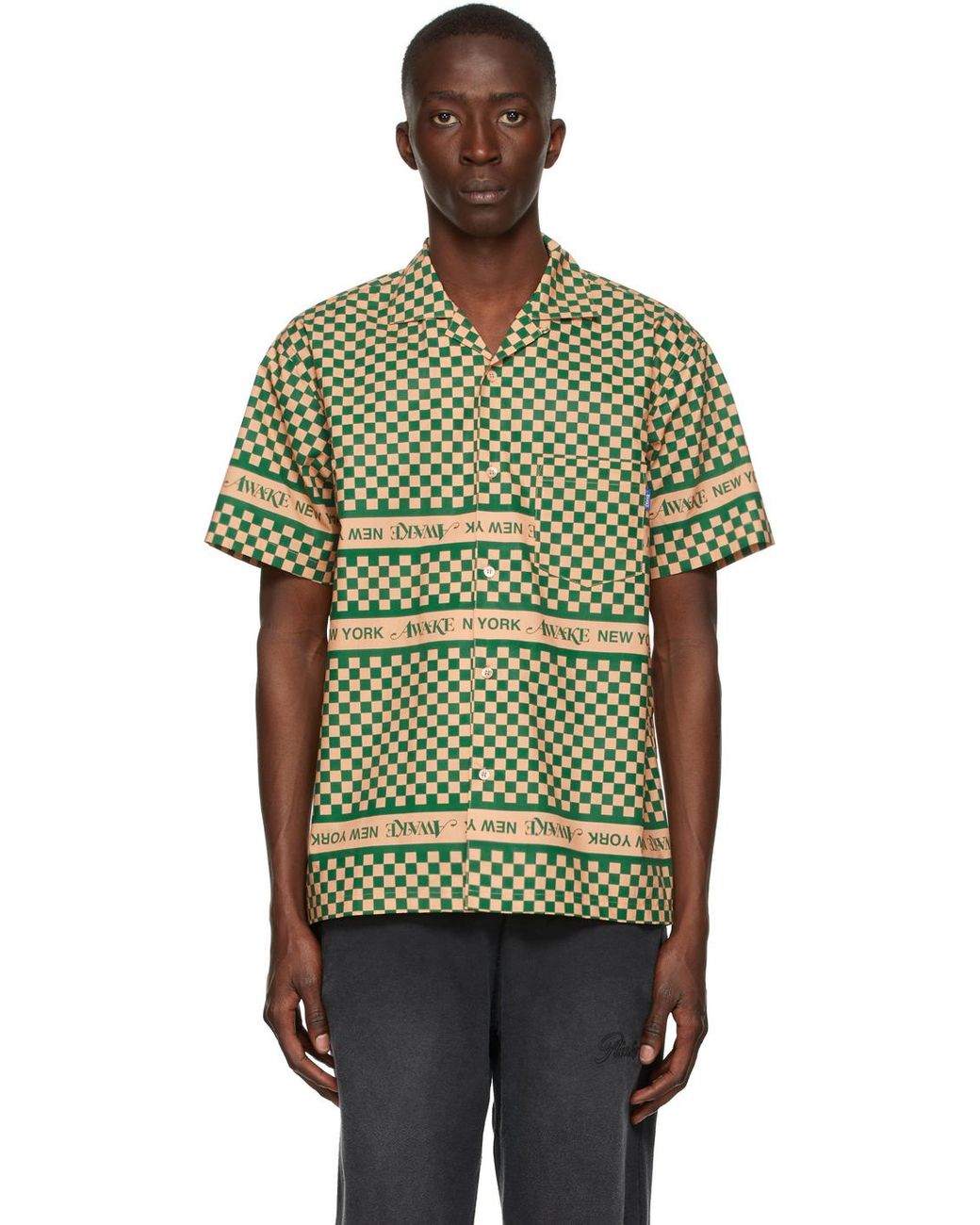 AWAKE NY Cotton Green & Beige Checkerboard Logo Short Sleeve Shirt for ...