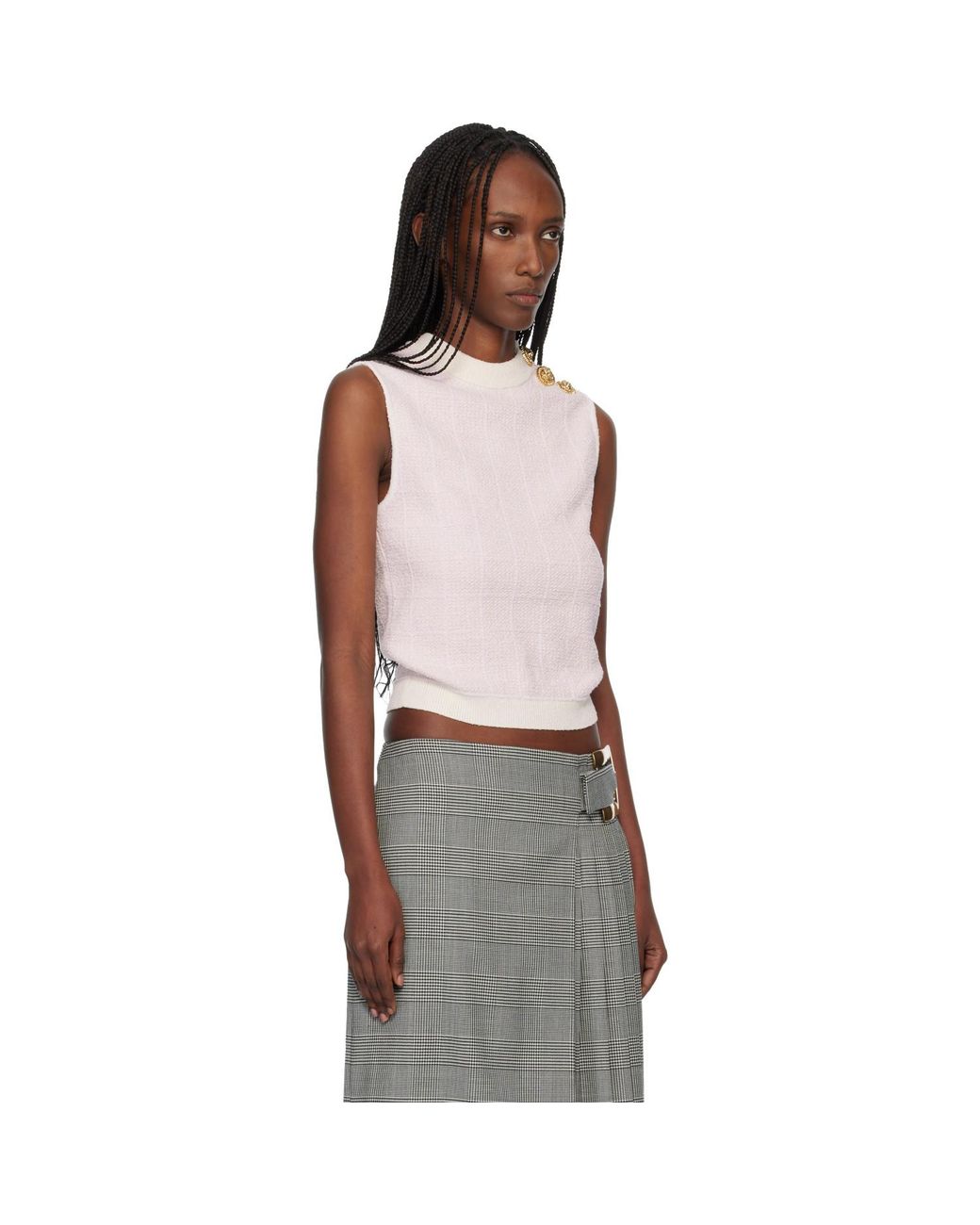Balmain Black Tweed Button Crop Tank Top