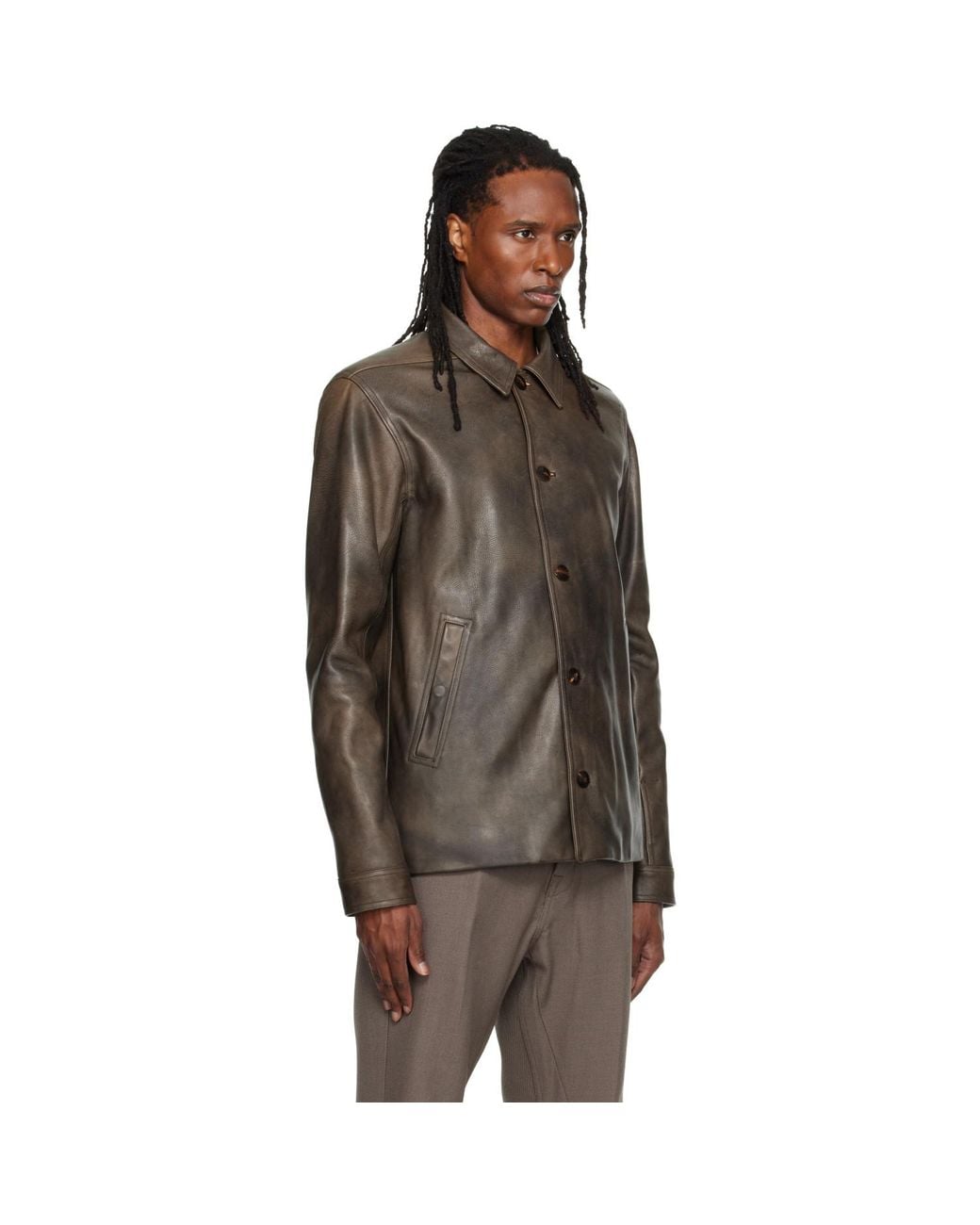 Rick Owens Brown Buttoned Brad Leather Jacket for men