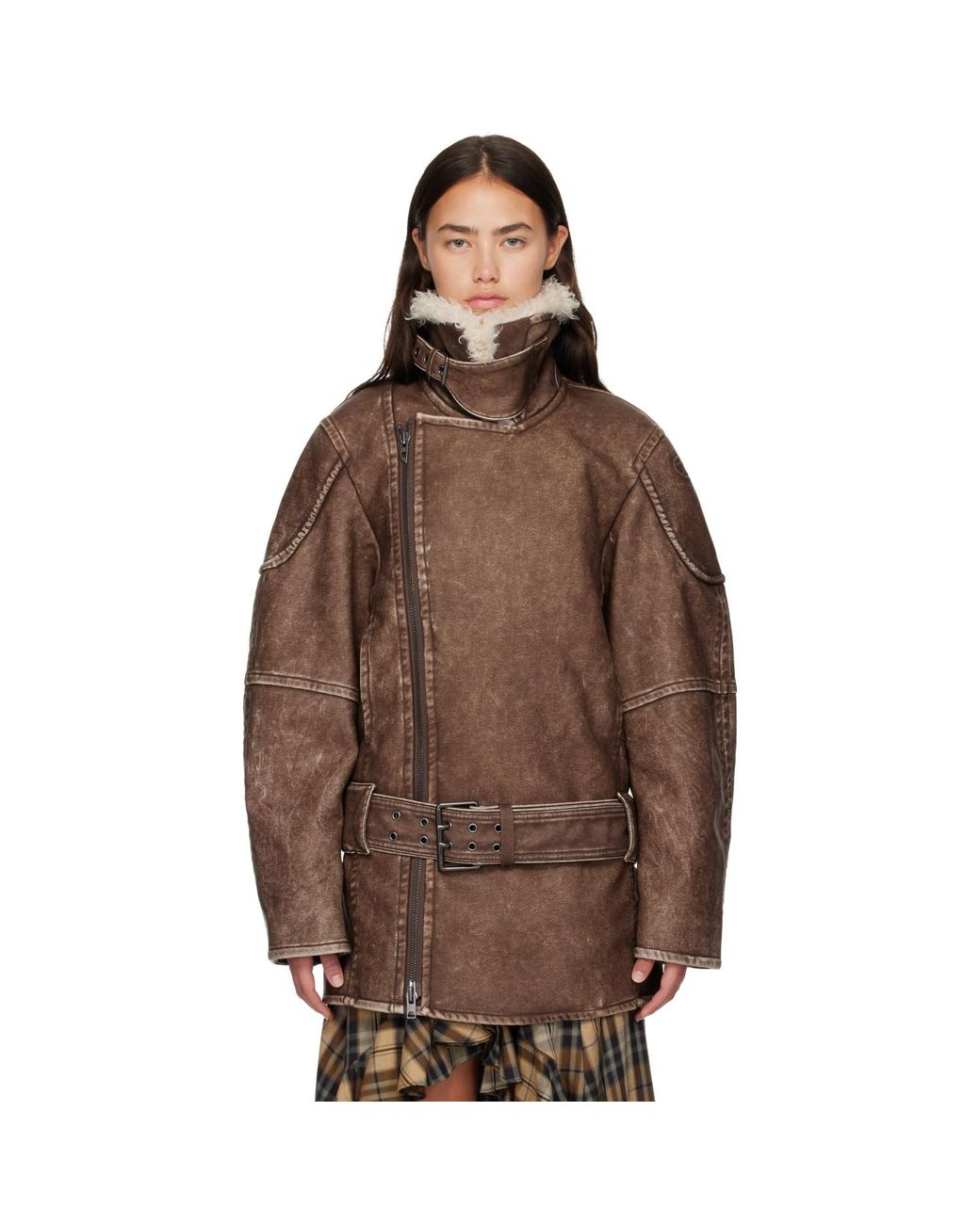 DIESEL Brown Double-Breasted Aviator-Biker Coat