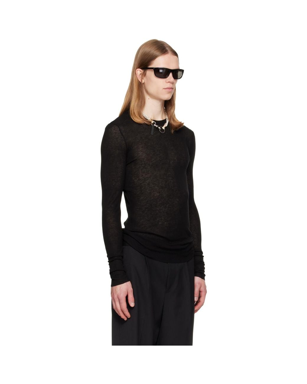 TONYWACK Black Sheer Wool Ribbed Knit Sweater for men