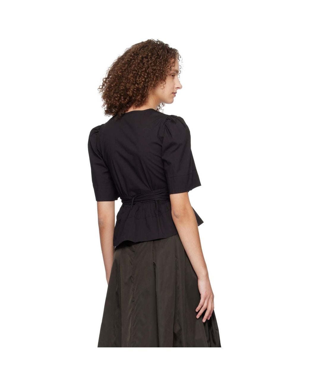 Ganni Black Washed Stretch Cotton Tie Strap Blouse