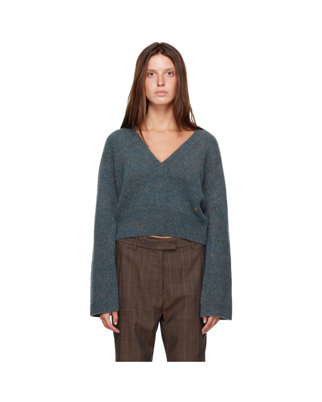Ganni Gray Melange Mohair Deep V-Neck Sweater